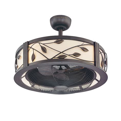 Transitional style 23-in diameter, indoor only aged bronze ceiling fan with decorative leaf pattern accent light. Remote control features include: 3 speed options and light control button with dimming feature. Includes four 40W incandescent B10 light bulbs, ¾-in diameter x 4.5-in long down rod and 54-in lead wire, includes 100W halogen E11 ...